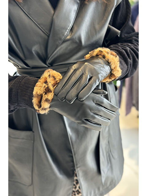 Remsa Leopar Pelüş Detay Kadın Deri Eldiven ELD 27 Siyah - S000311722-19351