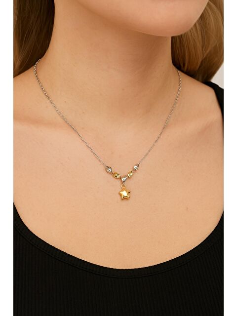 New Obsessions Altın Gümüş Detaylı Yıldız Çelik Kolye - S000438897-20076