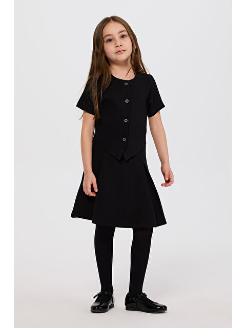 Panço Kız Çocuk Düğme Detaylı Örme Siyah Elbise - S000516261-19351