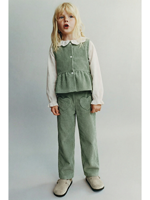 Magu Kız Çocuk Pamuklu Yeşil Fitilli Yelekli Pantolon Takım – Gömlek Dahil 3'Lü - S000502019-18194