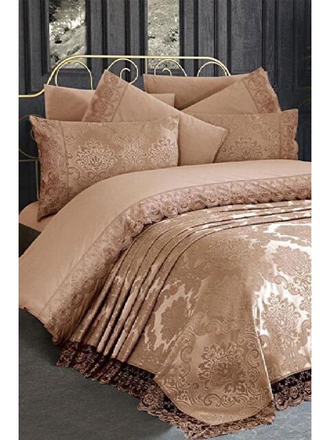 Çeyiz Diyarı Fransız Dantelli Kure Tek Kişilik Yatak Örtüsü 2 Parça Cappucino - S000485622-19413