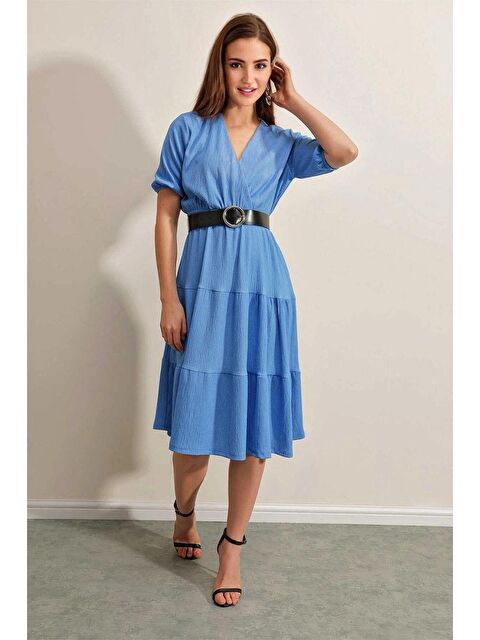 Hazelin Kadın V Yaka Beli Lastikli Kemerli Örme Elbise HZL23S-BD123771 - S000058665-17234