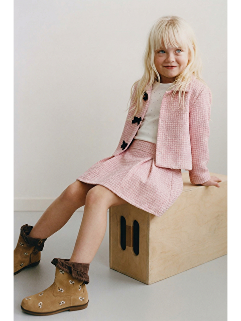 Magu Kız Çocuk Pamuklu Pembe Dokulu Ceketli Etek Takım – T-Shirt Dahil 3'Lü - S000502021-20024