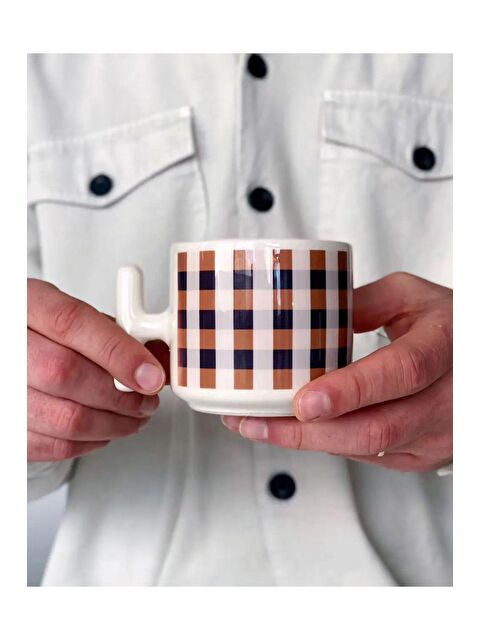 Bikutumutluluk Bej Kahve Ekose Hediye Kupa Fincan - S000180507-23173