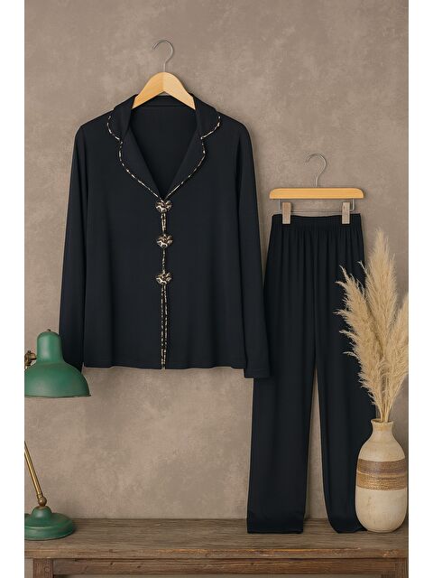 Koza İç Giyim Kadın Yumuşak Dokulu Leopar Desenli Fiyonklu Uzun Kollu Gömlek Yaka Pijama Takımı - S000462873-19351