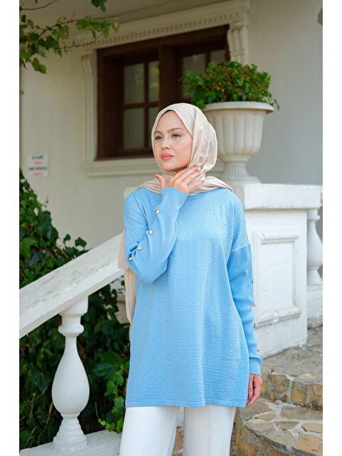 Locco Moda Kadın Kol Düğme Detay Kendinden Desen Tunik Bebe Mavi - S000436017-3642