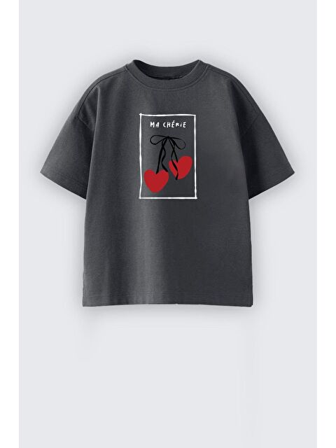 Monila Kız Çocuk Kiraz Baskılı Bisiklet Yaka Pamuklu Tshirt - S000513943-29666