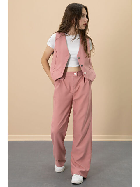 Cansın Mini Pembe V Yaka Düğmeli Yelekli Geniş Paça Pantolonlu Kız Çocuk 2li Takım 20724 - S000380289-20024