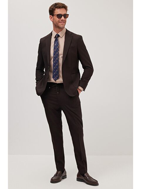 TUDORS Erkek Slim Fit Mono Yaka Elastanlı Esnek Kumaş Kahverengi Takım Elbise - S000520324-19413