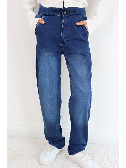 Breeze Erkek Çocuk Jean Pantolon Bağcıklı Fermuarlı Cepli Koyu Mavi (10-14 Yaş) - S000502023-19393