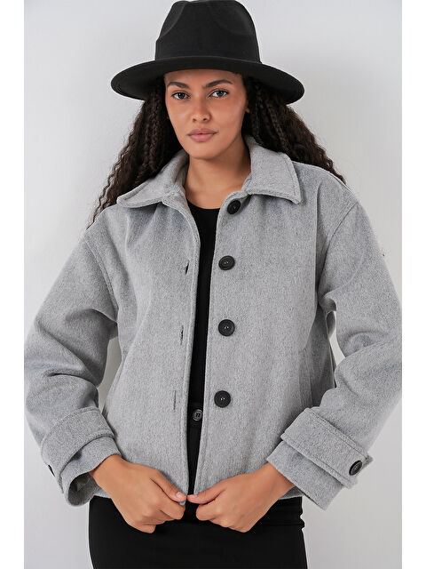 Bigdart Kadın Cepli Kruvaze Uzun Kollu Kısa Kaşe Ceket 0724 - Gri - S000449410-20600