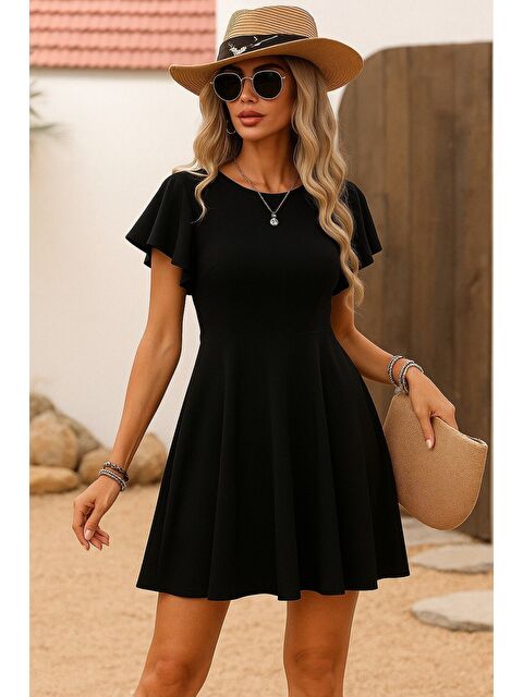 Jane's Kadın Kısa Kelebek Kollu Bisiklet Yaka Janjan Krep Elbise - S000528074-19351