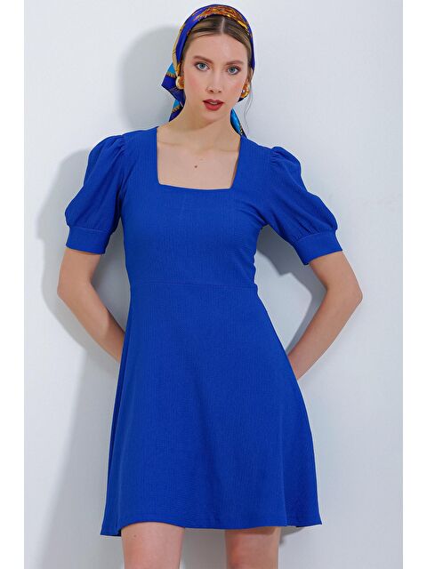 Bigdart Kadın Saks Kare Yaka Örme Mini Elbise - S000089510-23710