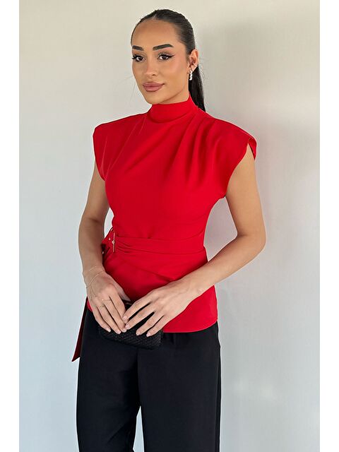 Gülseli Kadın Dik Yaka Bel Ve Omuz Drapeli Kemer Detaylı Bluz - S000491598-20045