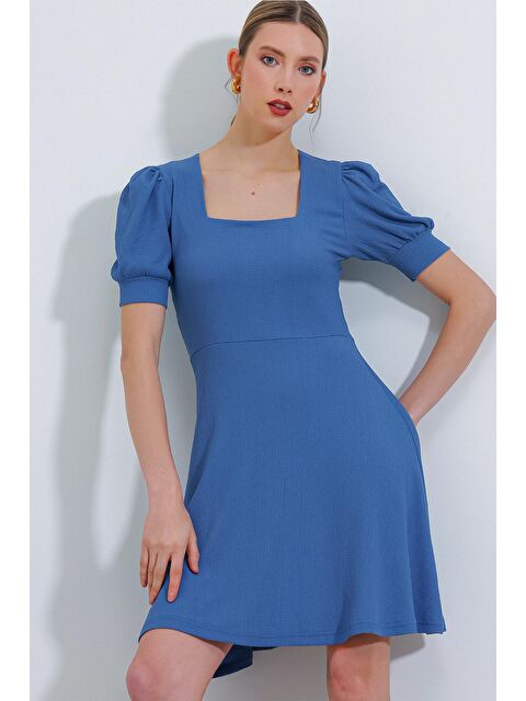 Bigdart Kadın İndigo Kare Yaka Örme Mini Elbise - S000089510-23093
