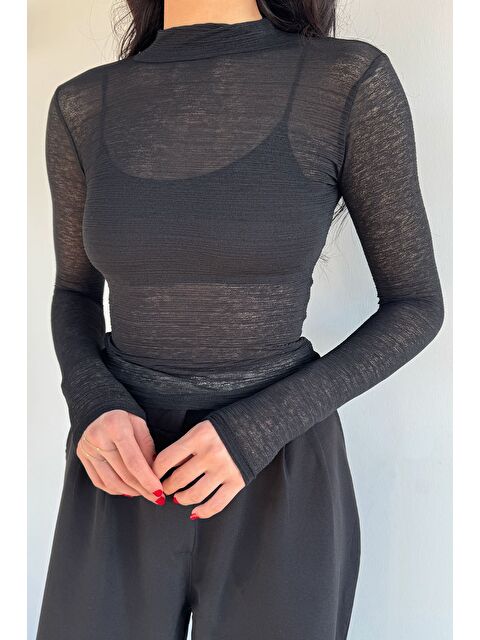 Gülseli Kadın Dik Yaka Elastanlı Transparan Bluz - S000491599-19351