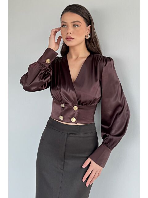 Gülseli Kadın Kruvaze Yaka Gold Düğme Detaylı Saten Bluz - S000491601-19413