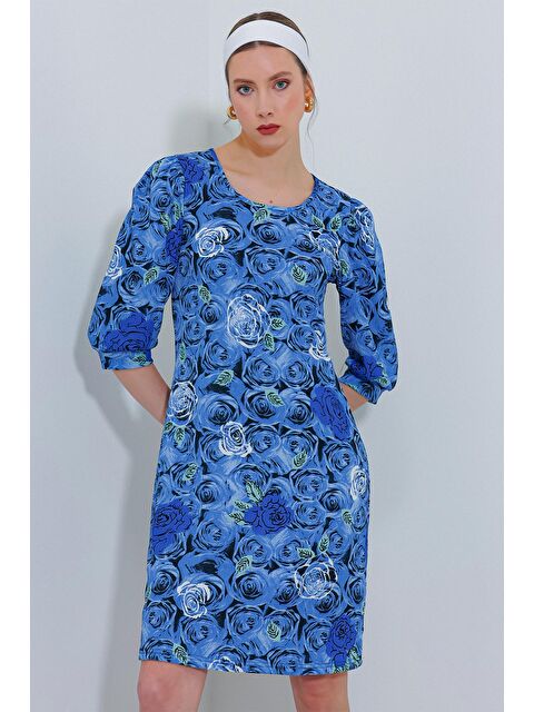 Bigdart Kadın Saks Gül Desenli Midi Elbise 2477 - S000165779-23710