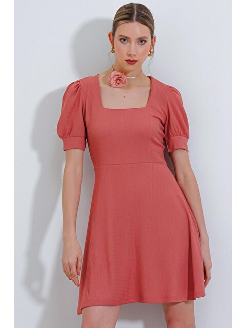 Bigdart Kadın Gül Kurusu Kare Yaka Örme Mini Elbise - S000089510-20028