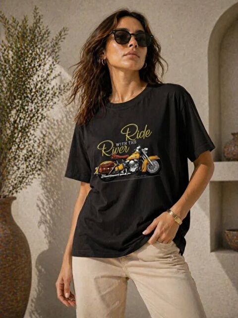 Jane's Motosiklet Baskılı Tişört Bisiklet Yaka Kısa Kol Yazlık T-Shirt - Siyah