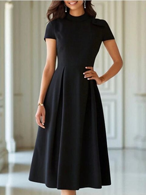 Jane's Kadın Kısa Kollu Yarı Balıkçı Yaka Pileli Janjan Krep Midi Elbise - S000528079-19351