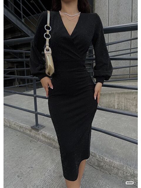 Jane's Kadın Kruvaze Yaka Balon Kol Simli Krep Kumaş Midi Boy Elbise - S000527927-19351