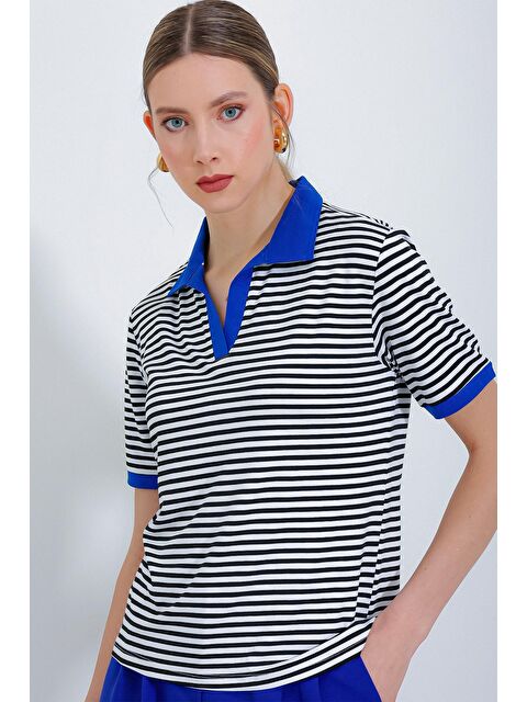 Bigdart Kadın Saks Polo Yaka Çizgili Tişört 0499 - S000141635-23710