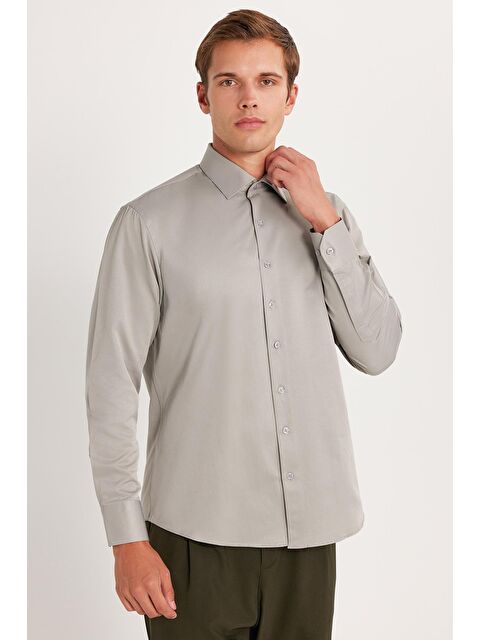 TUDORS Erkek Regular Fit Klasik Kesim Pamuklu Düz Gri Gömlek - S000520327-20600
