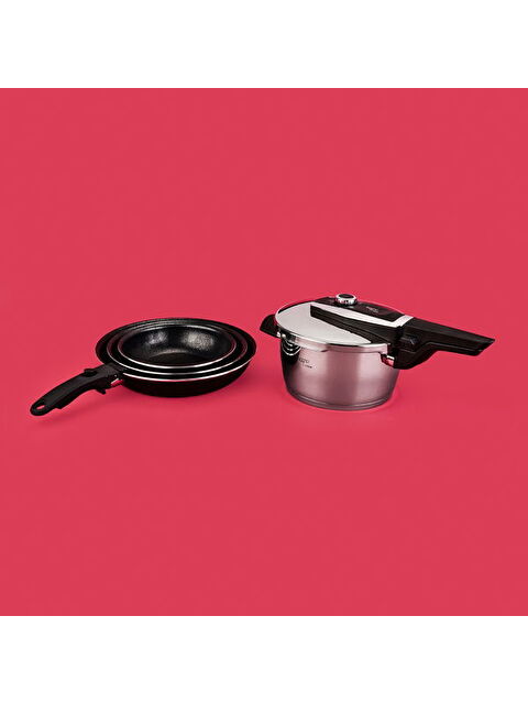 LEGGNO Düdüklü Çelik Tencere 6 Parça Granit All In One Tava Seti - Gri / Siyah - 4 lt - S000511946-20600