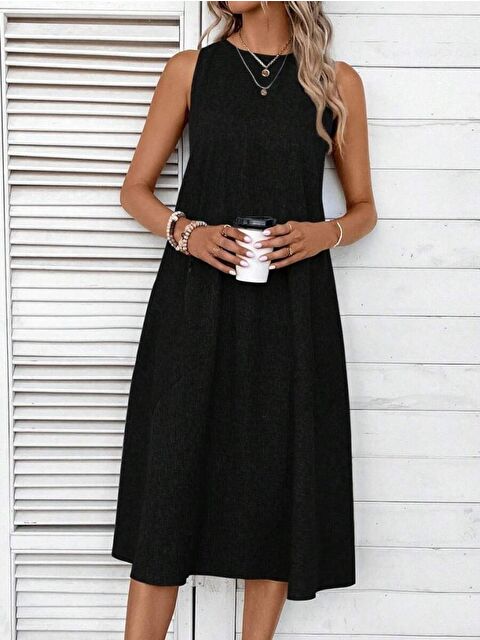 Jane's Kadın Kolsuz Bisiklet Yaka Cepli Midi Keten Elbise - S000527915-19351