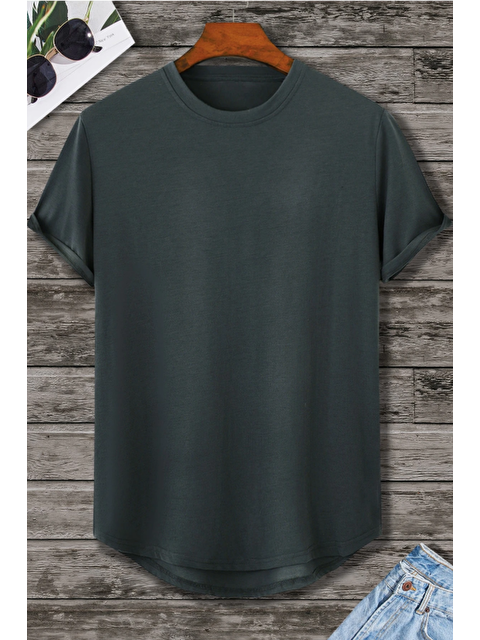 Tarz Cool Erkek Antrasit Bisiklet Yaka Oval Etek Salaş %100 Pamuk Basic T-Shirt - S000415273-29666