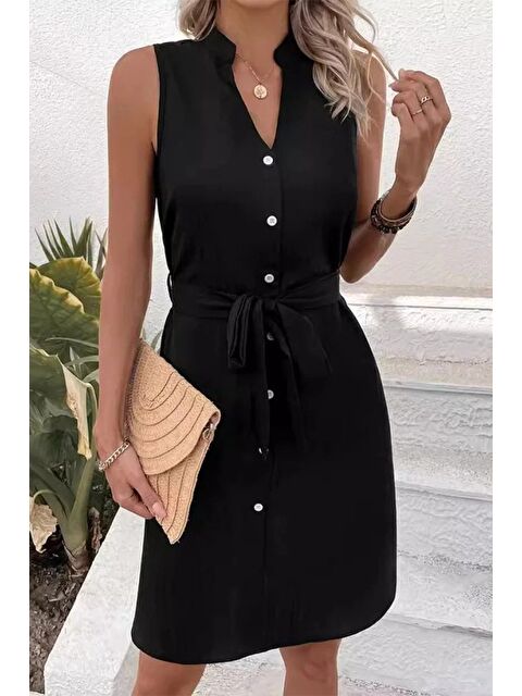 Jane's Kadın Sıfır Kollu Hakim Yaka önden Düğmeli Belden Kuşaklı Ithal Keten Elbise - S000528085-19351