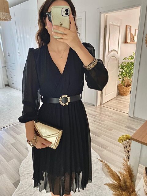 Jane's Kadın şifon Kumaş Astalı Kloş Kesim Kruvaze Yaka Midi Boy Elbise - S000528086-19351