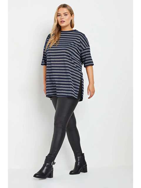 Stil Diva Büyük Beden Bisiklet Yaka Kısa Kollu Çizgili Yanları Yırtmaçlı Tişört 303611 - S000299813-21164