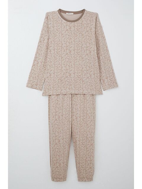 Breeze Kız Çocuk Pijama Takımı Bambu Çiçeği Desenli Bej (9-11 Yaş) - S000355867-19928