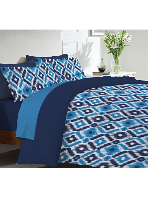 Evmila Geometrik Desen Baskılı Çift Kişilik 200x220 cm 2 Adet 50x70 cm Nevresim Takımı - Mavi - S000130752-23173