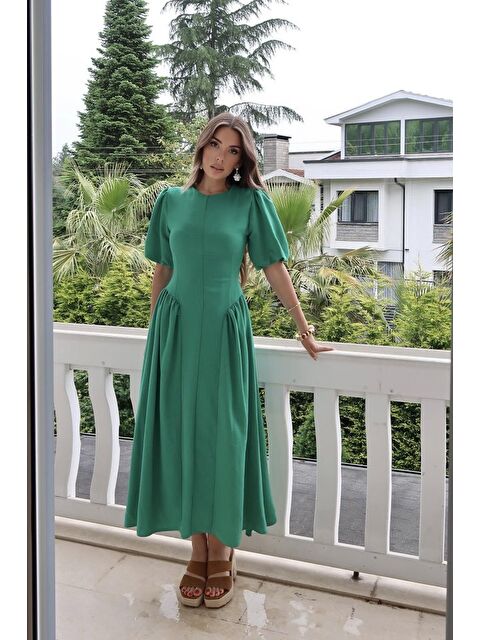 Jane's Yeşil Arkadan Bağlamalı Büzgülü Keten Elbise - S000528088-18194