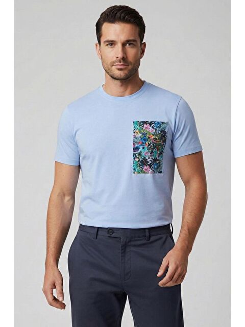Sabri Özel Giotelli Mavi Slim Fit Pamuk Karışımlı Baskılı Bisiklet Yaka Erkek Tişört - S000525238-17234