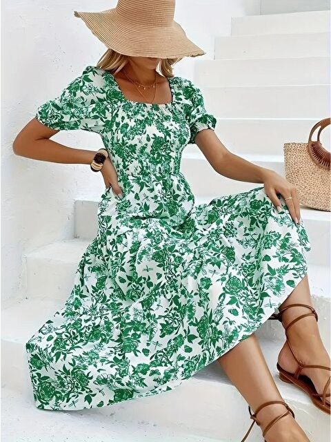 Jane's Kadın Kısa Kollu Kare Yakalı Lastikli Desenli Süprem Elbise - S000528089-18194