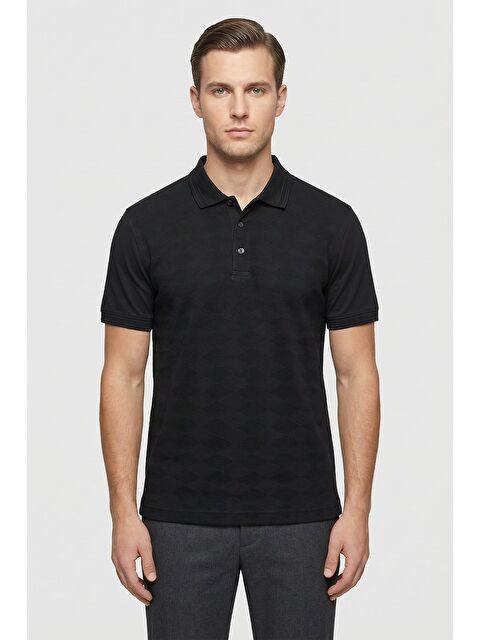 Sabri Özel Giotelli Siyah Desenli Comfort Fit %100 Pamuk Polo Yaka Düğmeli Kısa Kol Erkek T-Shirt - S000525240-19351