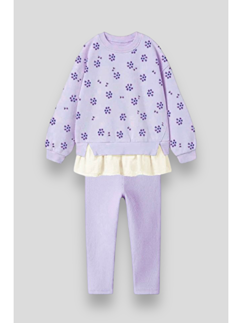 Magu Kız Çocuk Çiçek Desenli Pamuklu Sweatshirt Tayt Alt-Üst Takım - S000492093-20042