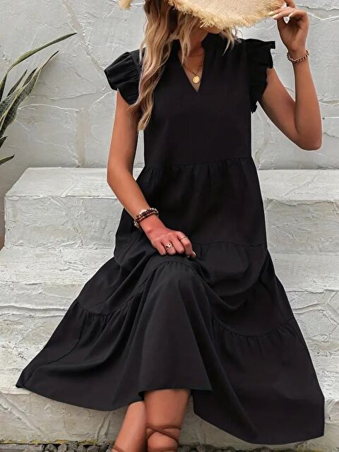 Jane's Kadın Kısa Kollu V Yakalı Geniş Kesim Uzun Trikoton Elbise - S000528092-19351