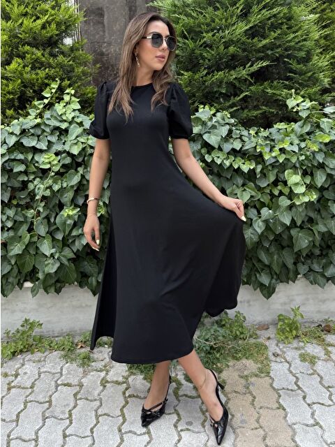 Jane's Kadın Kısa Balon Kollu Bisiklet Yaka Geniş Kesim Janjan Krep Elbise - S000528094-19351