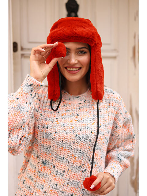 Remsa Kadın Kürklü Kulaklıklı Pelüş Şapka RKŞ 04 Kırmızı - S000291821-20045