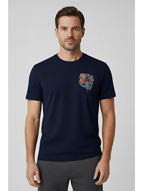 Sabri Özel Giotelli Lacivert Oversize Fit %100 Pamuk Baskılı Bisiklet Yaka Erkek Tişört - S000525250-21164