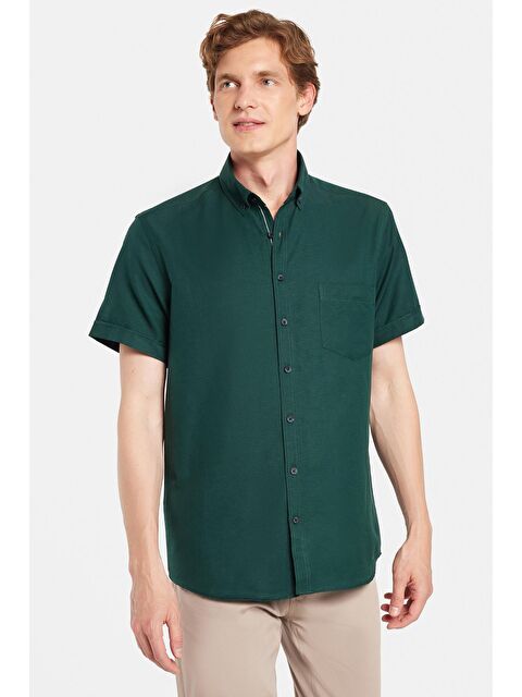 TUDORS Erkek Klasik Regular Fit Rahat Kesim Düğmeli Spor Yaka Oxford Pamuklu Kısa Kol Yeşil Gömlek - S000520338-18194