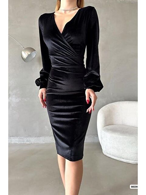 Jane's Kadın Kadife Kumaş Kruvaze Yaka Balon Kol Ve Yırtmaç Detaylı Midi Boy Elbise - S000528095-19351