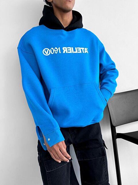 Abluka Online Oversize Baskılı Kapüşonlu Erkek Hoodie Mavi - S000072082-17234
