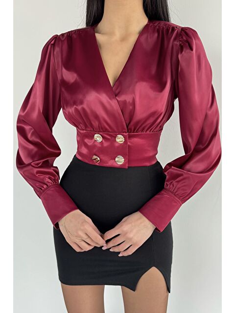 Gülseli Kadın Kruvaze Yaka Gold Düğme Detaylı Saten Bluz - S000491601-19951