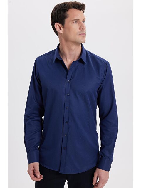 TUDORS Modern Slim Fit Uzun Kollu Pamuklu Kolay Ütü Armürlü Lacivert Erkek Gömlek - S000520342-21164